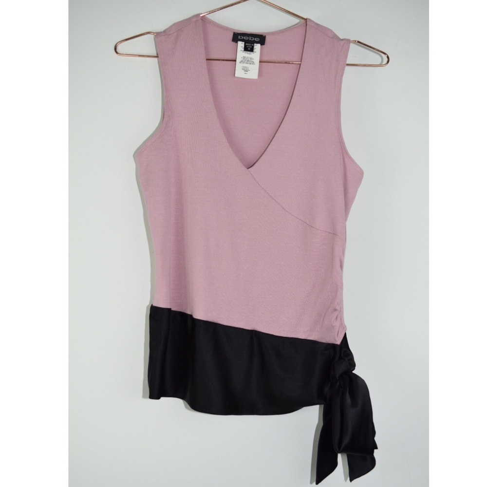 Bebe Deep V Silk Sash Dusty Rose Sleeveless Blouse
